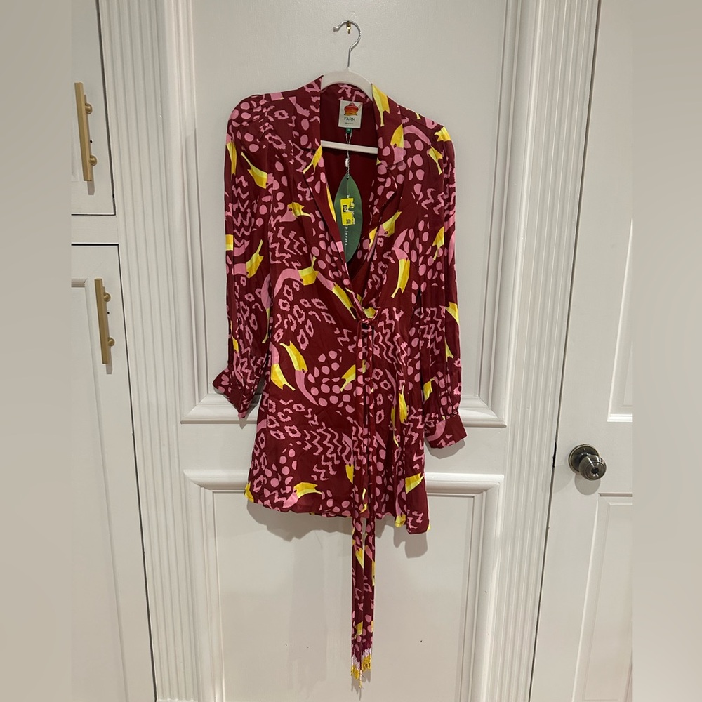 Farm Rio Toucanissimo Mini Dress NWT XS Burgundy Puff Sleeve Boho Style - Picture 6 of 10